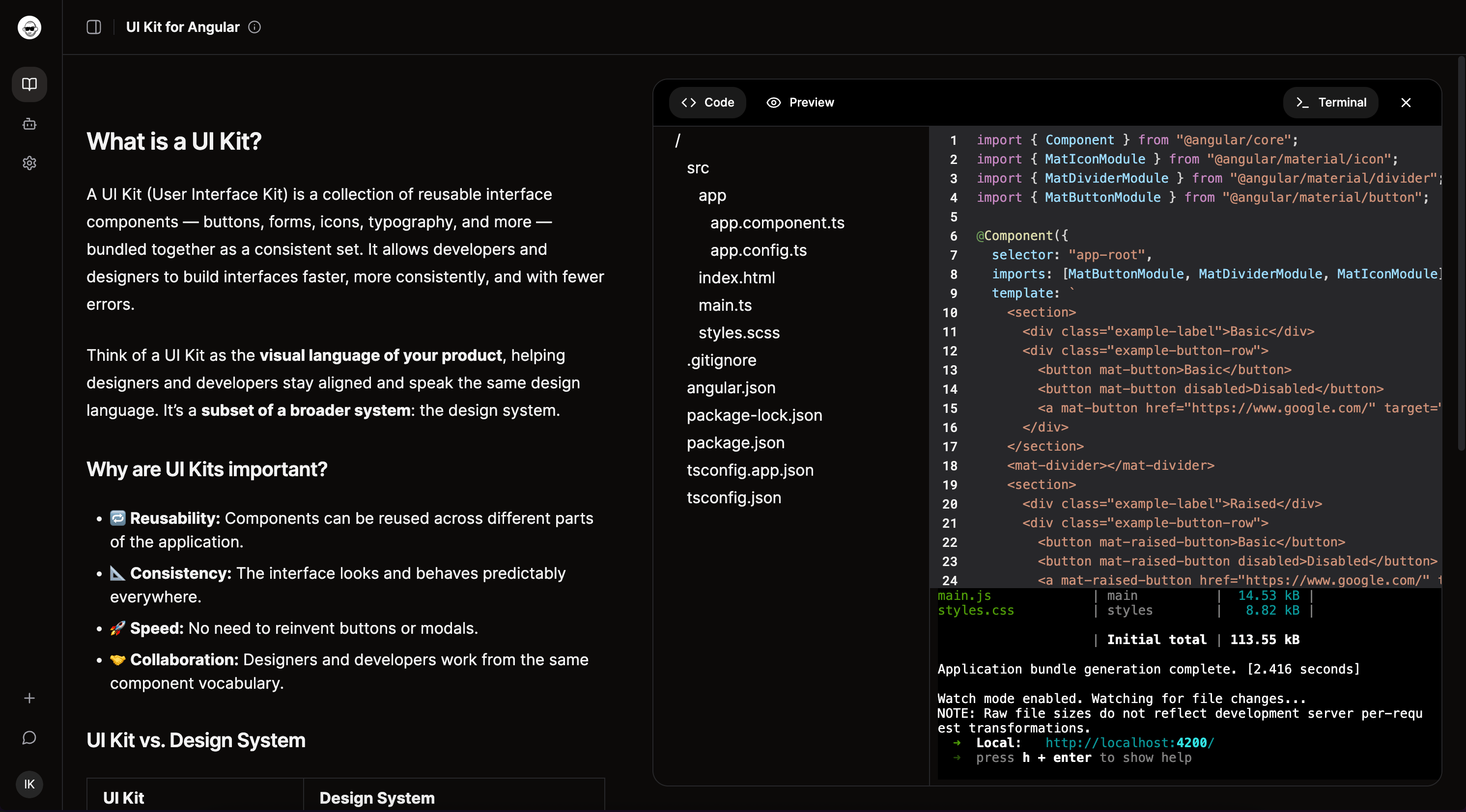 Screenshot of ng.guide Angular lesson interface