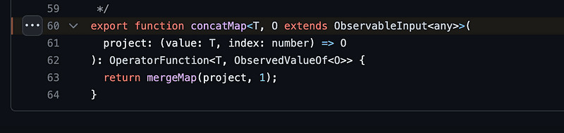 The RxJS source for concatMap, showing that it delegates straight to mergeMap with a concurrency of 1